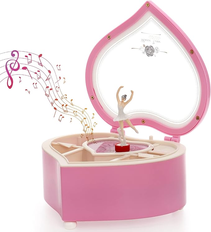 yarlung Ballerina Music Box for Valentine's Day Gift, Pink Heart Rotating Dancing Girl Gift Box for Jewelry, Trinket, Mother's Day Birthday