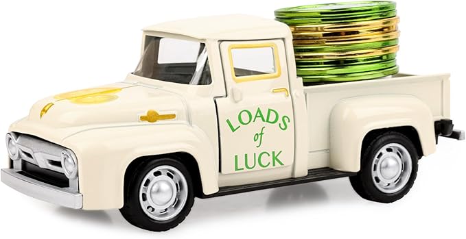 St Patricks Truck Decor White Metal Car with Gold Green Coin St Patrick’s Day Decor Farmhouse Vintage Green Metal Truck Decor Irish Party Decoration Vintage Collectible Car for Desk Bookshelf