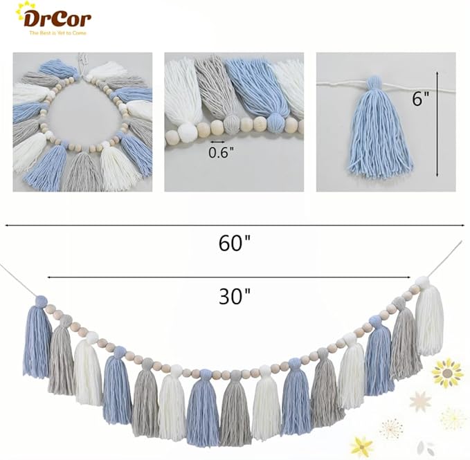 DrCor Blue White Coastal Boho Wall Garland for Nursery, Kids Room, Beach House, Classroom, Back to School & Baby Shower Decor