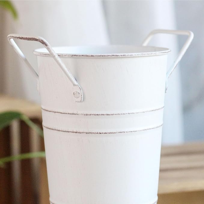 Metal Umbrella Stand Holder, Durable Freestanding Umbrella Rack Multi Functional Rustic Floral Bucket Floor Vase, Organizer for Entryway Porch Indoor Home Office (White)
