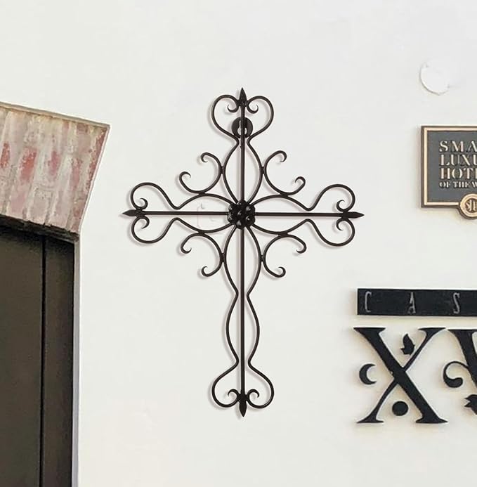 RELY+ Black Matte Wall Cross 14x10 Inch Living Room Décor Outdoor Crucifix Rustic Wall Decor Metal Wall Art Decorative Hanging Iron Wrought Wall Décor crosses for Indoor Home Halloween Decorations