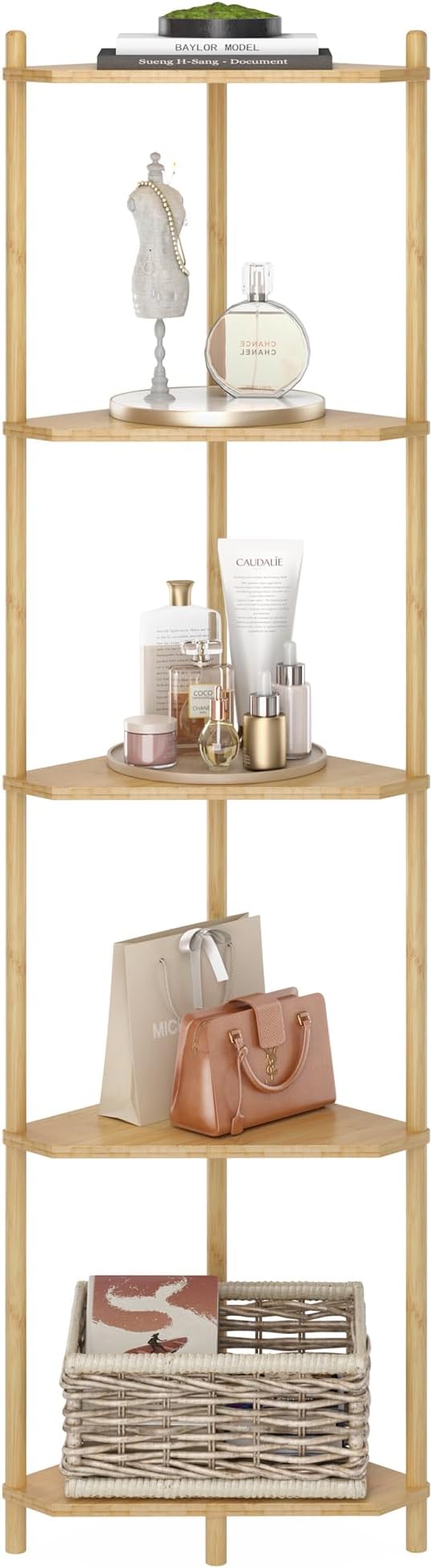 Wisuce Corner Shelf Stand - 5 Tier Natural Bamboo Small Corner Bookshelf for Office Kitchen Bedroom Plant Stand Living Room Decor Small Space