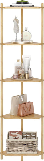 Wisuce Corner Shelf Stand - 5 Tier Natural Bamboo Small Corner Bookshelf for Office Kitchen Bedroom Plant Stand Living Room Decor Small Space