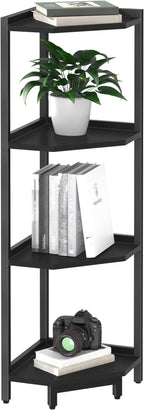 Hzuaneri Corner Shelf Stand, Corner Bookshelf, Storage Standing Shelf Unit with Metal Frame, Plant Stand, Bookcase for Living Room, Home Office, Bedroom, 4-Tier Black CS05806B