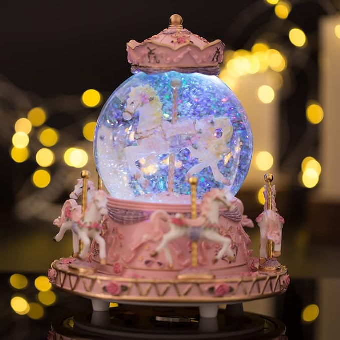 LOVE FOR YOU Gift-Wrapped with Ribbon Musical Snow Globe Carousel Music Box Color Lights Horses Unicorn Decor Gifts for Girls and Daughter Granddaughter Niece Women Kids Christmas Birthday
