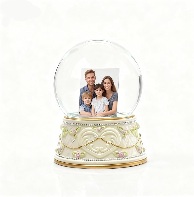 Large DIY Photo Frame Snow Globe with Double Sided Photo Insert, 5.5Inch Height Snow Globe with Liquid Resin Base, Christmas Thanksgiving Family Friends Gift, Desktop Tabletop Decoration