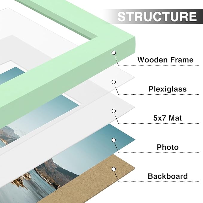Vittanly 8x10 Picture Frames Set of 9, Shatter Resistant Plexiglass, Display 5x7 Pictures with Mat or 8x10 without Mat, Photo Frames for Wall or Tabletop, Engineered Wood, Light Green