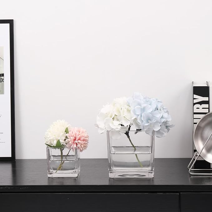 Square Flower Vases Set of 9, 3"x 3"x 3" Glass Vases for Centerpieces, Clear Vase for Flowers, Small Vase for Wedding, Party, Home Office Decoration