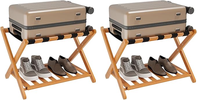 Smuxee Fully Assembled Honey Luggage Racks Pack of 2, Upgraded Bamboo Foldable Suitcase Stand with 5 Nylon Straps, Luggage Holder with Shelf for Guest Room Bedroom Hotel