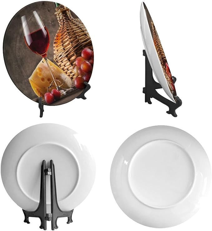 WineDecorative Plate Holder, 6 Inch, Cheese Grapes and Wineort Round Display Plate, Home Wobble-Plate with Display Stand, Ceramic Craft for Wall Hanging Decorative