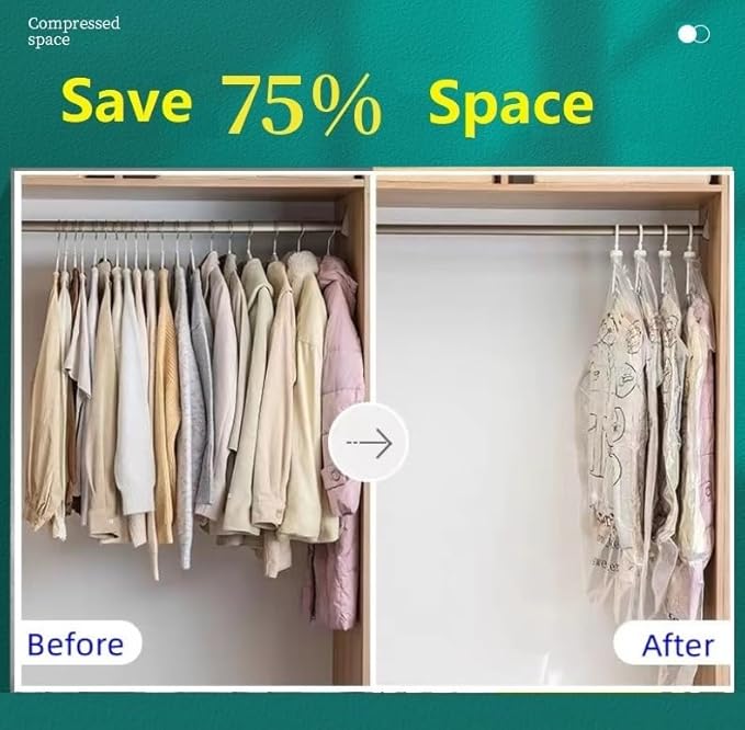 Hanging Vacuum Space Saver Bags 6 Pack, Closet Organizer Storage Bags, Vacuum Seal Clear Bags for Clothes, Suits, Dress or Jackets