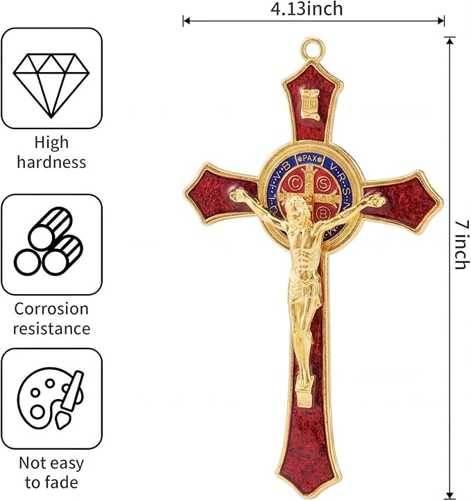 TALPGOD St Benedict Crucifix Red 7 Inch,Crucifix Wall Cross for Catholic Decor,Jesus Christ Hanging Cross Wall Art Decor,Escapularios Catolicos,Saint Benedict Medal for Home Decoration