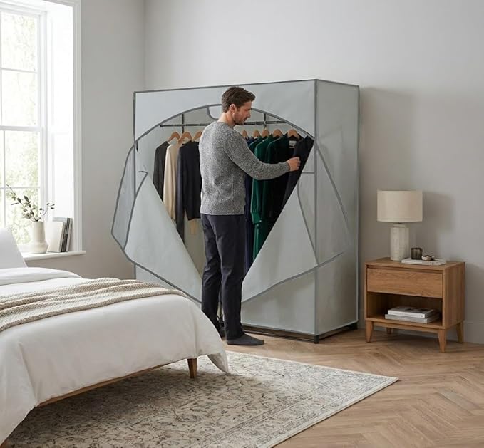 HOLDN’ STORAGE Portable Wardrobe Closet - 65 lb Large Capacity, Internal Heavy Duty Metal Rod, Zipper & Clear Window, Durable Clothes Organizer, Tool-Free Easy Assembly, Gray Canvas Cover