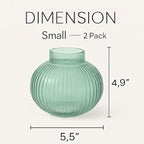 Round Glass Vases, Set of 2 Small Vases for Flowers, Green Glass Vase for Tulips, Modern Vase for Living Room, Office, Coffee Table, Shelf, Wedding, 5 Inches