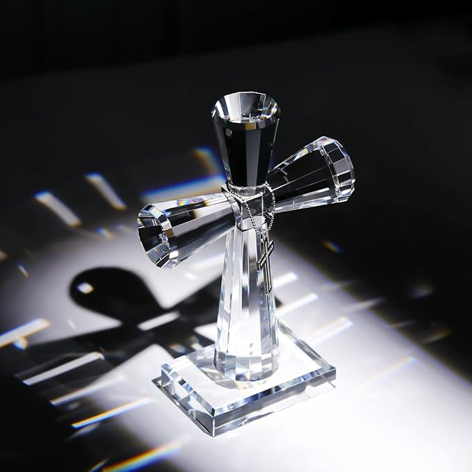 YWHL Handmade Crystal Cross Standing Religious Gifts for Women Men, Glass Cross Collectible Figurines for Home Decoration