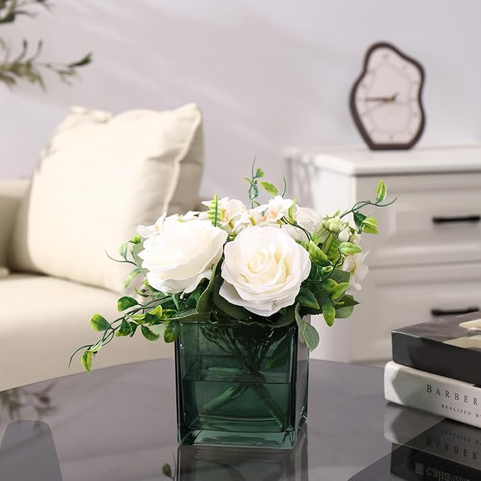 Square Glass Vases Set of 4, 4"x 4"x 4" Flower Vases for Centerpieces, Green Glass Vase for Flowers, Small Vase for Wedding, Party, Home Office Decoration