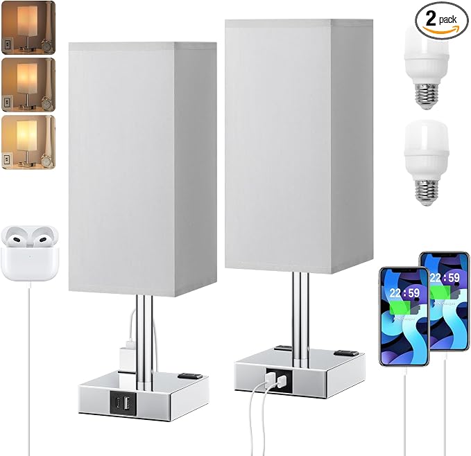 aooshine Touch Bedside Table Lamp Set of 2-3-Way Dimmable Night Lamp with USB A + Type C Charging Ports and Two AC Outlets, Small Desk Light with E26 LED Bulb for Bedroom Living Room Dorm Office