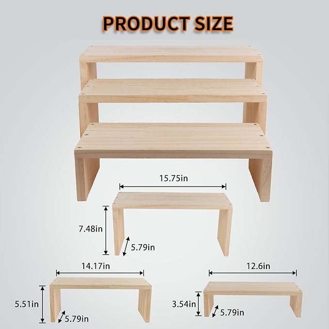 3-Tier risers display stands, Wooden Retail Display Rack for retail Rustic Tabletop Display rack for cupcakes, collectibles,jewelry, perfum, Funko Pop Figures