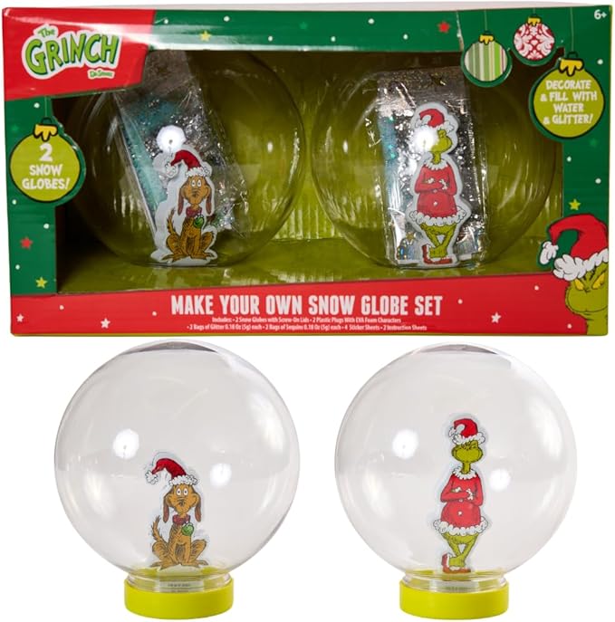 Dr Suess The Grinch Snow Globe Kit, DIY Snow Globe, Includes 2 Globes, Glitter, Sequins, Stickers – The Grinch and Max