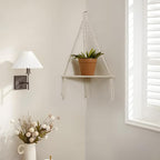 Artilady Macrame Corner Shelf Wall Hanging - White Corner Floating Shelves Boho Wall Decor, Rustic Wooden Plant Shelf Storage Rack for Bedroom Living Room Bathroom