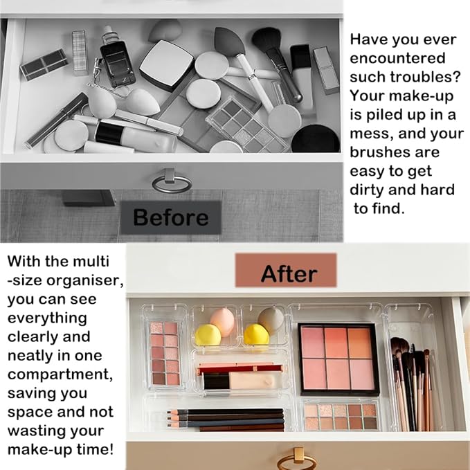 16 Pack Drawer Organizer Set, 4-Size Desk Drawer Organizer Fridge Storage Trays Containers Organization Food Storage Snack Organiser Storage Bins for Makeup Kitchen Utensils Gadgets Office