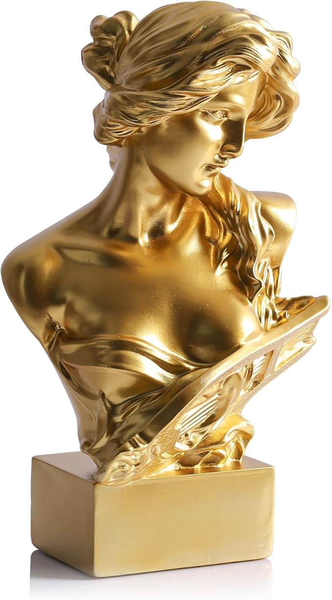 11.8" H Greek Mythology Bust Statue Decor,Artemis Statues Roman Goddess Figurines,Used for Sketch Practice Aesthetics Statues and Sculptures and Indoor Filling Space for Living Room, Bedroom (Gold)