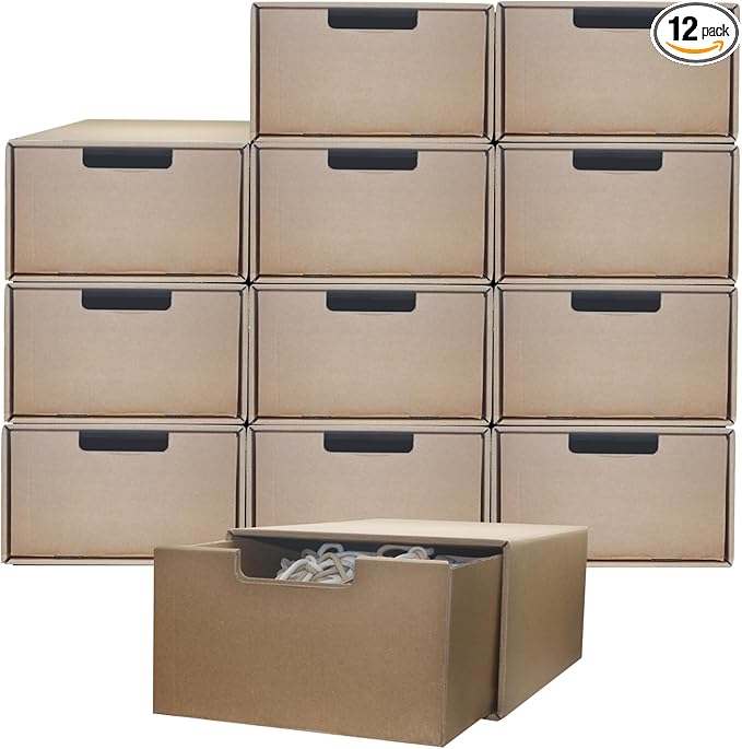 Cardboard shoe organizer boxes Socks, Underwear,Stationery,papers, Photos, file box shoe rack Office closet organizers and storage Warehouse Stackable Drawer Storage bins 13.7 x 9.7 x 5.5in 12 Pack