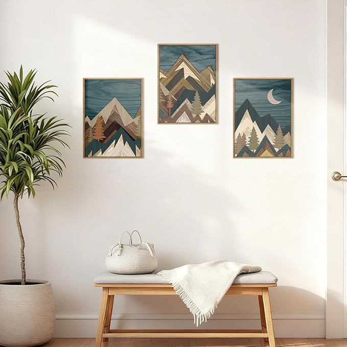 BINCUE Boho Mountain Wall Art Framed Landscape Wall Decor Modern Nature Artwork Mountains Wall Pictures Moon Art Landscape Paintings Rustic Prints for Farmhouse Bedroom Living Room Office 12x16 Inch 3 Piece