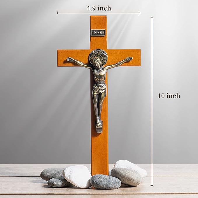 KUXBET Crucifix Wall Cross Wooden Jesus Christ Catholic Hanging Wall Cross for Home Decor 10 Inch Cross For Wall Golden Oak (10" L x 4.9" W)