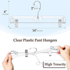 HOUSE DAY 50 Pack 14 inch Clear Plastic Pants Hangers with Clips, Skirt Hangers, Clip Hangers for Pants, Trouser Bulk Plastic Pant Hangers