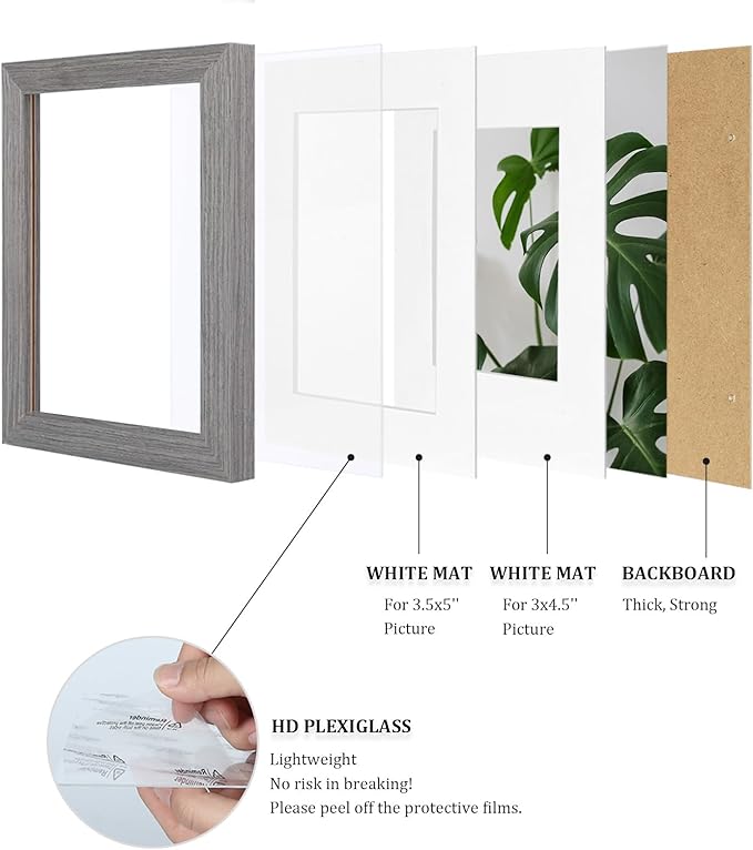 Egofine 4x6 Picture Frames Set of 4, Made of Solid Wood Covered by Plexiglass 3x4.5 and 3.5x5 with Mat or 4x6 without Mat, for Table Top Display and Wall Mounting Photo Frame, Light Grey
