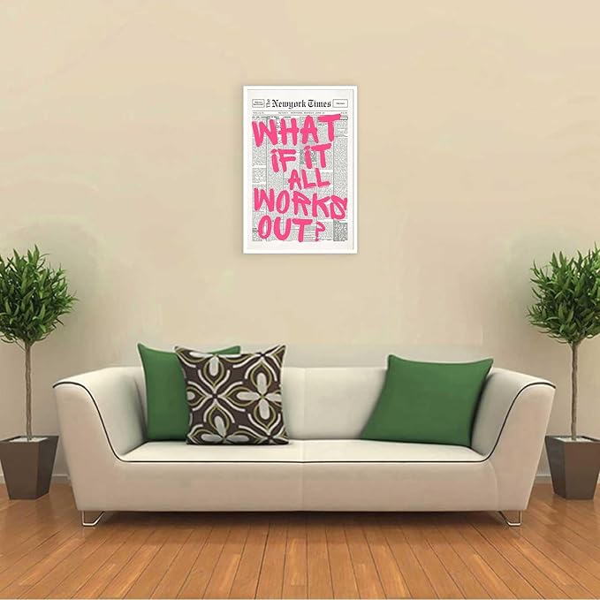 Drimiler Retro Newspaper Pink Font Poster What If It All Works Out Canvas Wall Art Positive Affirming Quote Minimalist Prints Painting For Home Bedroom Dorm Wall Decor 8x12in Unframed