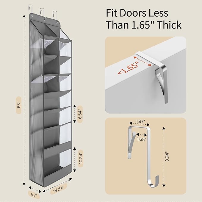 Yecaye 2 Pack 8 Tier Over the Door Organizer Hanging with Large Pockets, Back Door of Storage for Nursery, Closet and Bathroom, Partition Behind Door Shoe Organizers Shelf with Baby Clothes, Grey