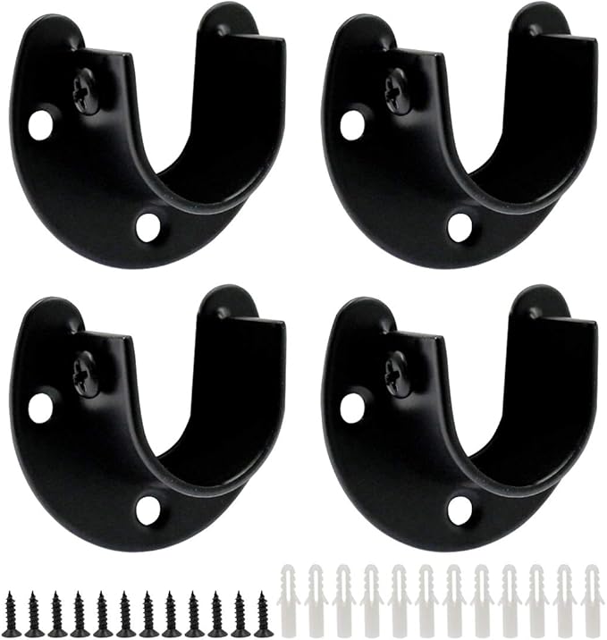 4PCS Heavy Duty Stainless Steel Closet Rod Bracket - 1 Inch Diameter U Shaped Socket Flange Holder End Supports, Black