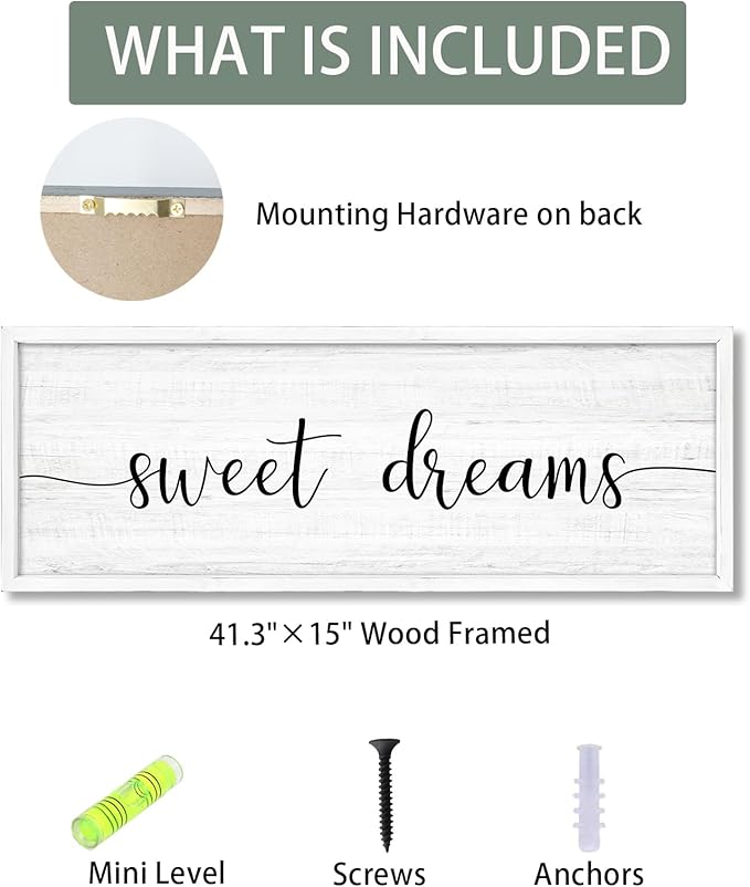 Sweet Dreams Wall Decor Above Bed 41.3''×15'' Large Farmhouse Wall Decor for Bedroom Guest Room Decor Framed Wood Wall Art Rustic Master Bedroom Wall Decoration (white frame)