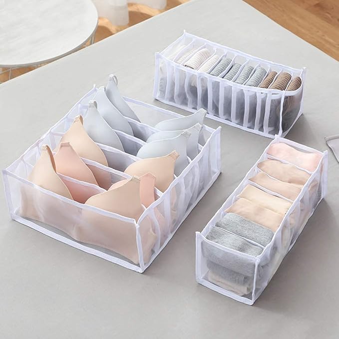 Underwear Organizer, 3 Set Foldable Bra Underwear Organizer Drawer Divider Storage Organizer for Underwear, Socks, Ties, Bras, Women Underwear Storage Compartment Box (White)