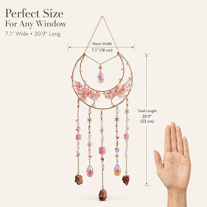 AWLEE Crystal Dream Catcher Pink, Boho Moon Dream Catchers for Adults Girls, Handmade Crystal Dreamcatcher Wall Hanging for Bedroom Living Room Window Garden Décor