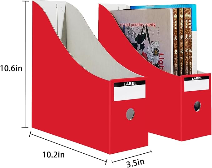 Limitliho Magazine File Folder Holder for Desk, Book Bins for Classroom Library,Office,Home, 10.6" H x 10.2" L x 3.5" W in Cardboard Paper Organizer (Red, 2 Pack)