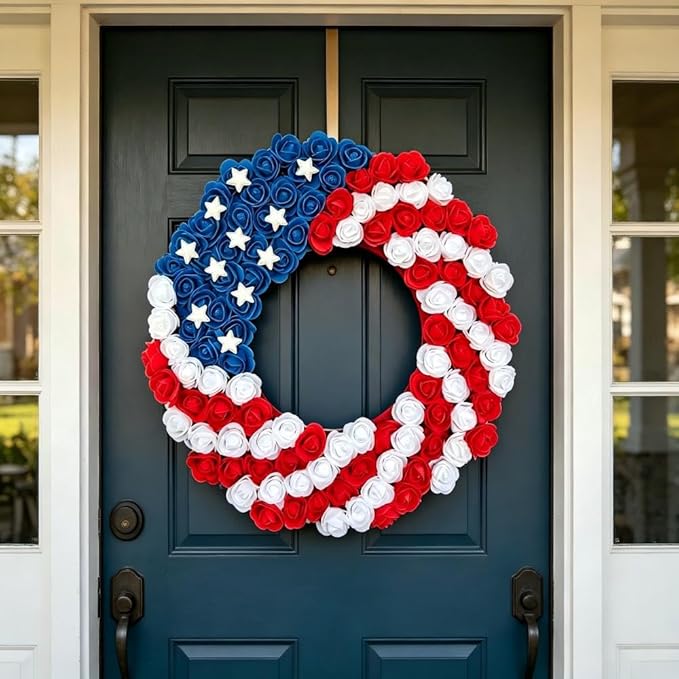 4th of July Decorations Outdoor Patriotic Wreaths for Front Door 250th Anniversary Decorations Red White and Blue American Flag Wreath (Red White Blue 2)