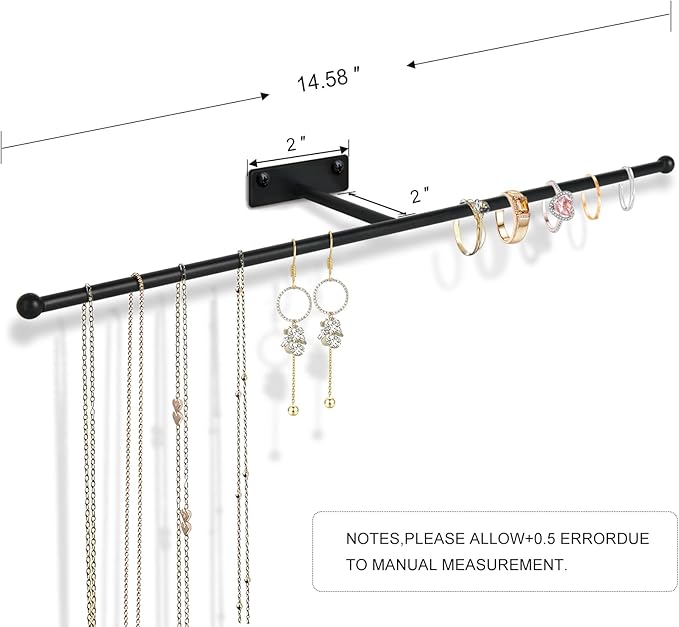 2 Pack Wall Jewelry Organizer, 14.5'' Necklace Holder for Hanging Earring, Ring, Bracelet, Hairband, Glasses Storage, Decorative Space-Saving Jewelry Display-Black