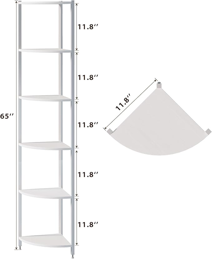 Corner Shelf with LED Lights, 6-Tier Corner Bookshelf, 66'' Organizer Book Shelf Shelves Steel Frame Display Stand with Living Room, Bedroom, Study, White