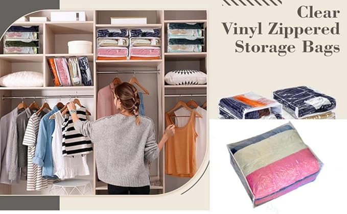Clear Vinyl Storage Bags with Zipper 24x20x11 Inch, Clothes Bag Organizer, Space Saver PVC Comforter Clear Storage Bags for Blanket, King Size Pillows Storage,Linen Storage (3 Pack)