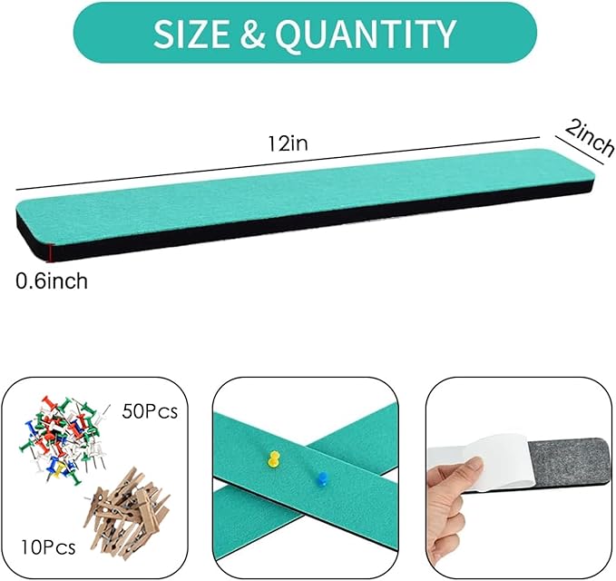 Vuzvuv 8 pcs Bulletin Board Bar Strips with 50 Pushpins & 10 Wooden Clip pins，Self Adhesive Cork Board for Wall，Felt Pin Board for School，Office Decor(Turquoise)