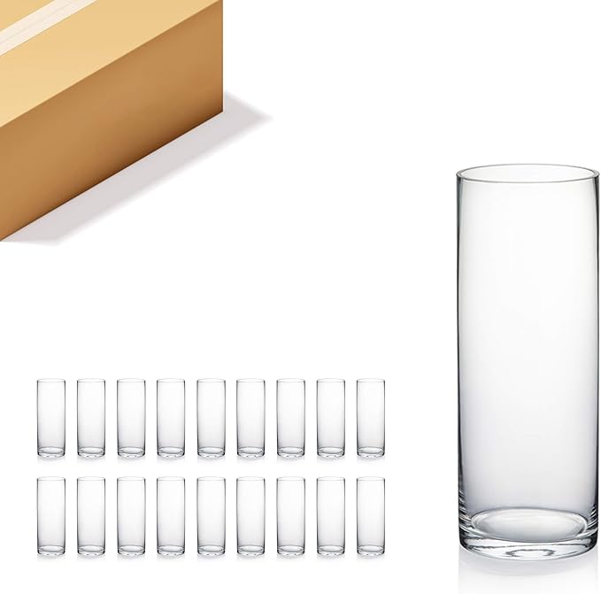 WGVI Quality Thick Clear Cylinder Glass Vases, 3" W x 8" H, Bud Vase Skinny Narrow Floral Bouquet Flower Container for Wedding Centerpieces Tabletop Décor Brush Pen Holder, Bulk Wholesale, 18 Pieces