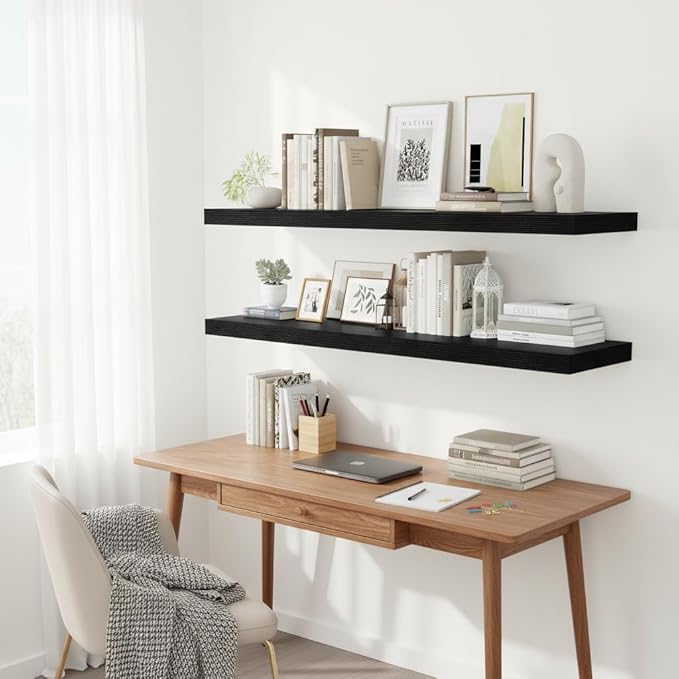 Vivelove 2 inch Thick Floating Shelves for Wall 48 Inches Long, 12" Deep Wall Shelves, for Bedroom, Bathroom, Living Room, Kitchen, Office, Modern Home Decor, 48" X 12" X 2", Set of 2, Black