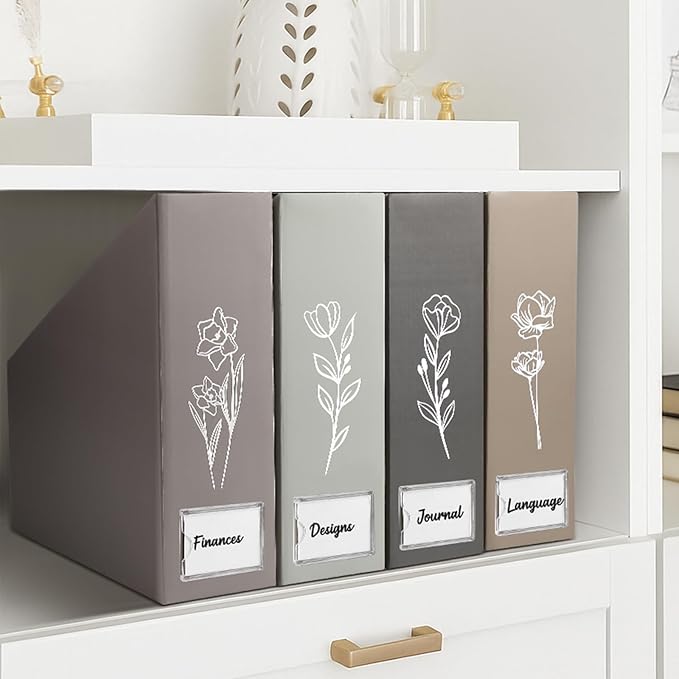 AmazingSpark Set of 4 Boho Floral Magazine File Holder Decorative Foldable Magazine Storage Boxes with Acrylic Label Holders Coquettish Boho Organizer for Office Home Organization Storage