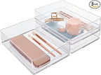 STORi SimpleSort 3-Piece Stackable Clear Drawer Organizer Set | 9" x 6" x 2" Rectangle Trays | Wide Makeup Vanity Storage Bins and Office Desk Drawer Dividers | Made in USA