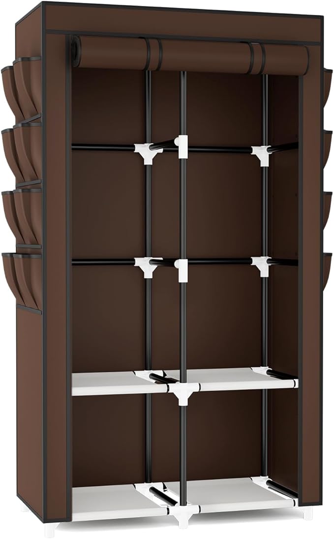 Portable Closet for Hanging Clothes, Portable Wardrobe Closet with Cover, 4 Storage Shelves, 2 Hanging Rods and 8 Side Pockets Easy Assembly and Sturdy Free Standing Closet for Bedroom Brown