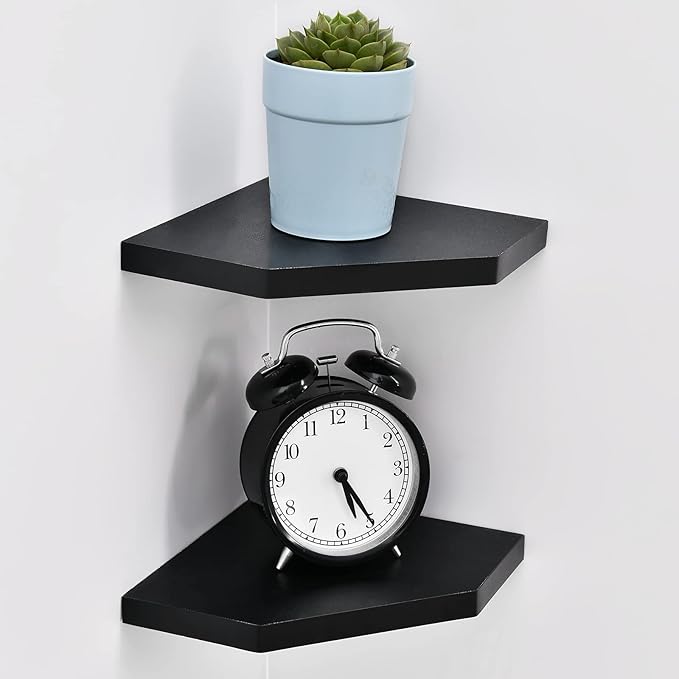 WELLAND 7-Inch Black Floating Corner Shelves Set of 2, Wall Mounted Storage Shelf with White Finish for Bedroom, Living Room, Bathroom, Display Shelf for Small Plant, Photo Frame, Toys