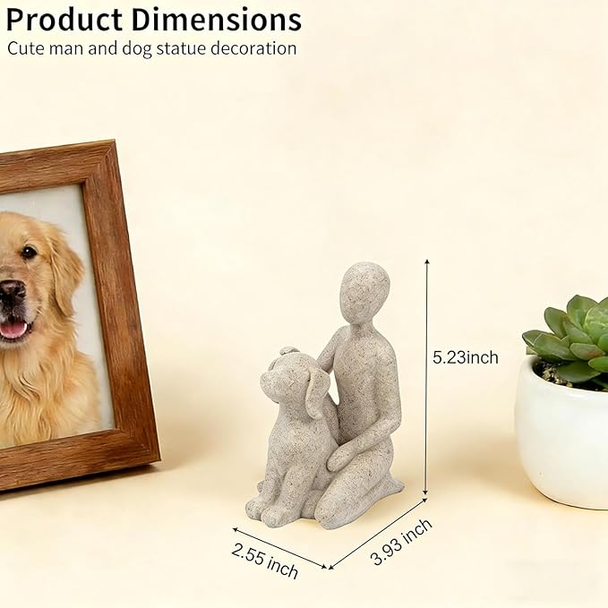 Dog Statue Home Decor, Man with Dog Sculpture for Desk Office Living Room, Hand-Painted Resin Figurine - Memory Gift for Pet Lovers, Dog Dad, Christmas & Housewarming (Sandstone)